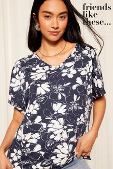 Friends Like These Navy Floral Short Sleeve V Neck Tunic Top (N99229) | SGD 48