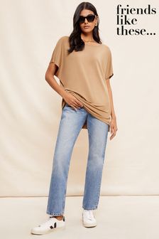 Friends Like These Brown Petite Soft Jersey Short Sleeve Slash Neck Tunic (N99258) | ₪ 101