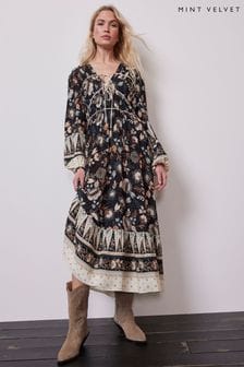 Mint Velvet Black Floral Print Midi Dress (N99742) | AED771