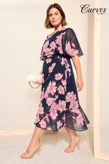 海軍藍 - Curves Like These Chiffon Mix Flutter Sleeve Wrap Midi Dress (N99890) | NT$3,550