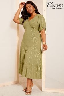 Curves Like These Khaki Green Printed Satin Puff Sleeve Midi Dress (N99941) | 478 SAR