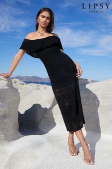 Lipsy Black Petite Bardot Crochet Maxi Dress (N99954) | kr950