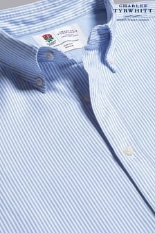 Charles Tyrwhitt Blue and White Stripe Classic Fit RFU Button-Down Washed Oxford Shirt (P20018) | $94