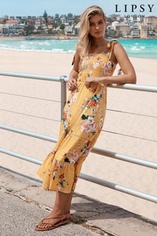 Lipsy Yellow Floral Regular Tie Strap Tiered Maxi Dress (P20186) | ₪ 186