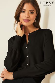 Čierna - Úpletový sveter s kamienkovými gombíkmi a vlnkovaným lemom Lipsy (P24790) | €26