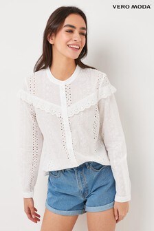 Vero Moda White Broderie Frill Detail Shirt (P28317) | ₪ 177