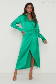 Pretty Lavish Green Ronnie Satin Wrap Dress (P28826) | DKK397