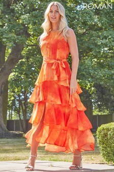 Roman Orange Tie Dye Print Layer Midi Dress (P29466) | €75