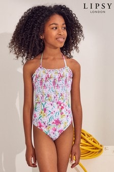 Lipsy White Tropical Halter Cut Out Back Swimsuit (P30186) | €12.50 - €15.50