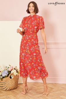 Love & Roses Red Floral Dobby Chiffon Midi Dress (P31130) | $84