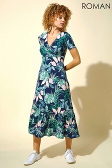Roman Green Tropical Floral Print Midi Dress (P34468) | $61