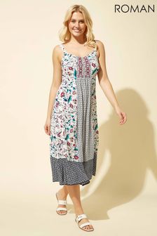 Roman White Geo Floral Print Strappy Sun Dress (P34474) | $66