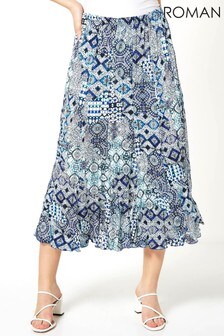 Roman Blue Crinkle Geometric Print Midi Skirt (P34500) | €37