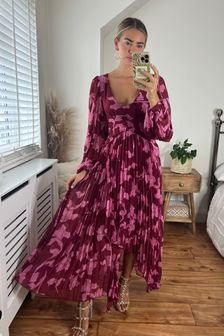 Style Cheat Pink Print Toni Long Sleeved Pleated Maxi Dress (P35065) | $124