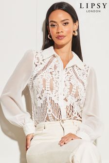 Lipsy White VIP Lace Sheer Long Sleeve Button Up Shirt (P35239) | INR 4,766