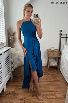 Style Cheat Blue Fleur Halter Satin High Low Hem Maxi Dress (P36118) | €39
