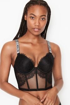 Victoria's Secret Black Lace Shine Strap Plunge Push Up Corset Bra Top (P38357) | €95