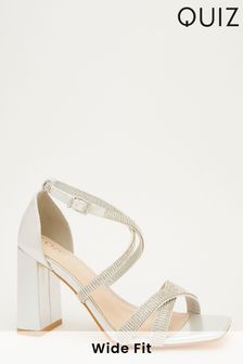 Quiz Silver Wide Fit Diamante Strap Block Heel Sandals (P38478) | €19