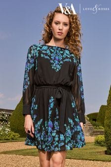 V&A | Love & Roses Black and Blue Petite Printed Round Neck Pleated Long Sleeve Belted Mini Dress (P38725) | €21.50