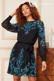 V&A | Love & Roses Black and Blue Printed Round Neck Pleated Long Sleeve Belted Mini Dress (P39126) | €21.50