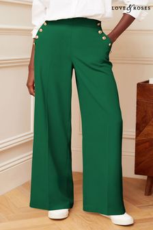 Love & Roses Forest Green Military Button Wide Leg Trousers (P39364) | €36