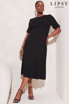 Lipsy Black Curve Jersey Puff Short Sleeve Underbust Midi Dress (P39366) | $82