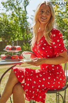 Roman Red Floral Side Button Tea Dress (P39479) | OMR21
