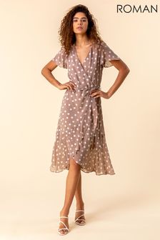Roman Brown Frilled Hem Spot Print Dress (P39497) | $74