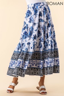 Roman Blue Floral Contrast Print Tiered Skirt (P39540) | ₪ 163