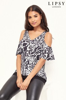 Lipsy Mono Animal Regular Cold Shoulder Top (P40326) | €13.50