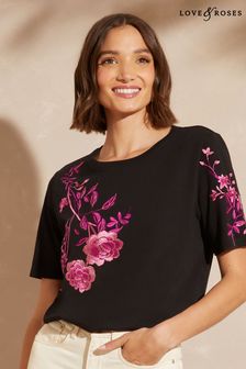 Love & Roses Black Embroidered Round Neck T-Shirt (P42399) | €15