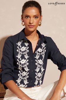Love & Roses Navy Blue Embroidered Button Down Long Sleeve Shirt (P42419) | €20