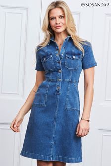 Sosandar Indigo Blue Popper Front Short Sleeve Stretch Denim Dress (P44599) | 57 €