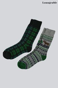 Loungeable Men's 2 Pack Fairisle & Checked Socks