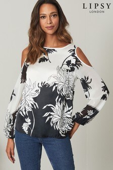 Lipsy Mono Floral Cold Shoulder Long Sleeve Top (P47421) | €25