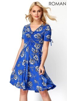 Roman Blue Floral V Neck Tea Dress (P47664) | $59