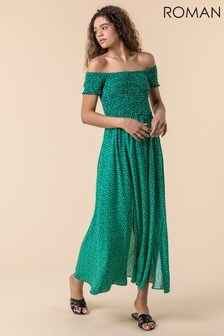 Roman Green Shirred Spot Print Bardot Dress (P47676) | ₪ 163