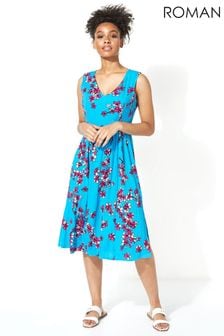 Roman Blue Crinkle Floral Print Midi Dress (P47678) | $58