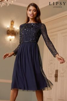 Темно-синий - Платье миди для миниатюрных с отделкой на рукавах Lipsy Natalie (P48591) | €143
