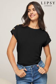Lipsy Black Regular Military Button Trim T-Shirt (P49411) | €23