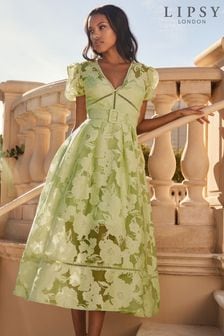 Zelená - Luxusní midi šaty Lipsy z vypalované látky se širokou sukní a páskem (P 49739) | 3 065 Kč