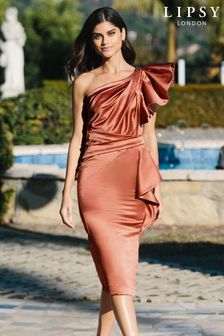 Lipsy Rose Gold Premium Ruffle One Shoulder Midi Dress (P49742) | €26