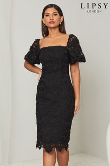 שחור - שמלת מידי עם שרוולים נפוחים של Lipsy וצווארון מרובע (P49909) | ‏233 ₪