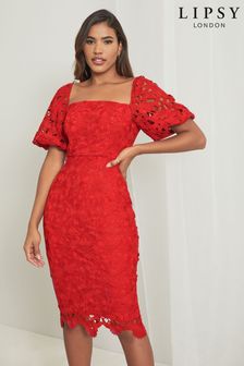 Lipsy Red Regular Square Neck Puff Sleeve Midi Dress (P49910) | €92