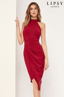 Berry Red - Lipsy Halter Neck Asymmetric Bodycon Dress (P49914) | MYR 245