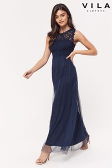 Vila Navy Sleeveless Lace And Tulle Maxi Dress (P49927) | $73