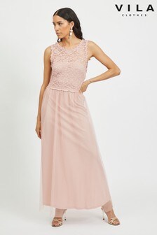 Vila Pink Sleeveless Lace And Tulle Maxi Dress (P49928) | $73