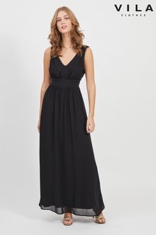 Vila Black Sleeveless V Neck Tulle Maxi Dress (P49930) | $91