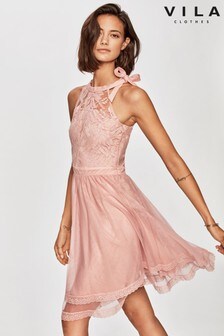 Vila Pink Halter Neck Lace And Tulle Fit And Flare Dress (P49932) | 60 €
