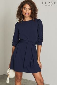 Marineblauw - Lipsy jurk met gestrikte taille en lange mouwen (P49965) | €39